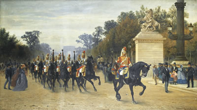LE PELOTON DES ÉTENDARDS DES CENT-GARDES REVENANT DE LA REVUE SUR LES CHAMPS-ELYSÉES