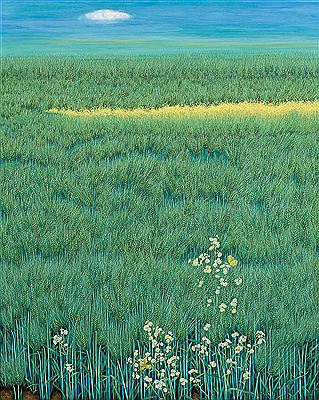 The Blue Barley Field-Flowers with Yellow Butterfly