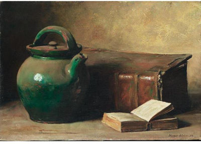 GRÜNER KRUG MIT BIBEL UND BUCH
