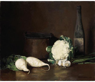 COPPER KETTLE AND A BOTTLE OF WINE WITH RADISH AND COLIFLOWER