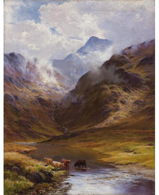 MOUNTAIN LANDSCAPE WITH COWS by James Henry Crossland - Auction record, sale price, and art valuation. Compare with similar artists and explore comparable artworks.
