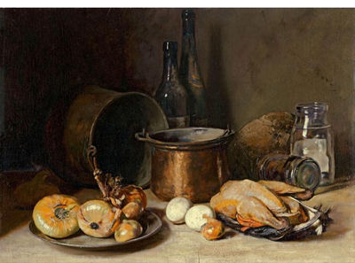 COPPER BOILER WITH WINE BOTTLES, ONIONS AND CHICKEN
