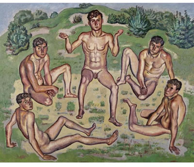 FIVE YOUTHS SITTING IN A CIRCLE