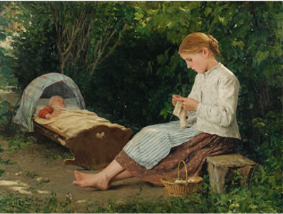 KNITTING GIRL WATCHING THE TODDLER IN A CRADDLE, 1885