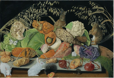 STILL LIFE WITH VEGETABLES, MICE AND RABBITS, 1928
