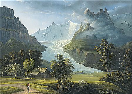 DER GRINDELWALDGLETSCHER MIT DEN FIESCHHÖRNERN UND DEM HÖRNLIGRAT THE GLACIER OF GRINDELWALD WITH MOUNTAIN PEAKS FIESCHHÖRNER AND HÖRNLIGRAT