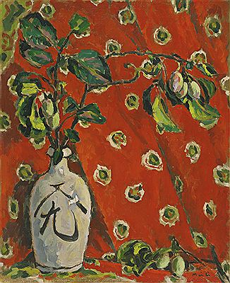 STILL LIFE WITH A FRUIT TREE BRANCH IN GRAY BOTTLE ON RED BACKGROUND