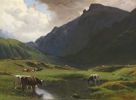 PAYSAGE ALPIN AVEC DES VACHES ET DES CHÈVRES, 1859