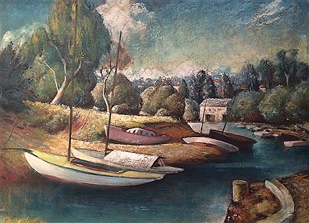 Sailing Boats in the Creek, 1949 by George Henry Frederick Bell - Auction record, sale price, and art valuation. Compare with similar artists and explore comparable artworks.