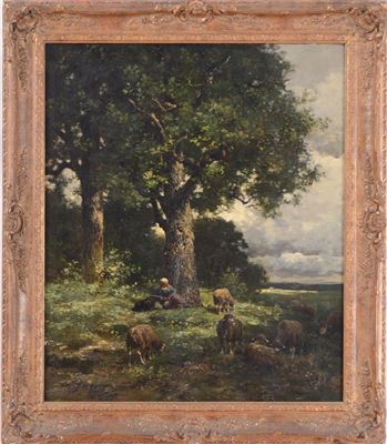 SHEPHERDESS AND FLOCK IN FIELD