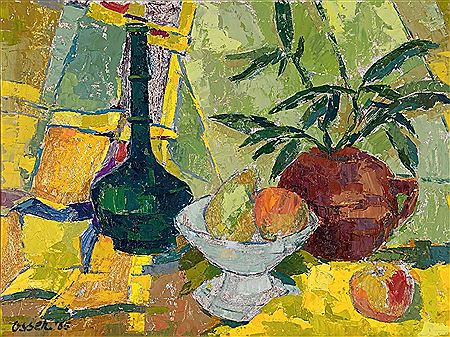 Still Life with a Green Bottle, Fruit and a Plant