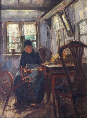 An interior with a woman at a spinning wheel