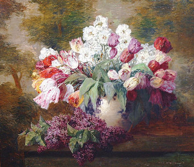 Tulips and lilac in a park landscape by Max Theodore Streckenbach - Auction record, sale price, and art valuation. Compare with similar artists and explore comparable artworks.