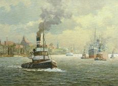 Hamburger Hafen mit Frachtschiff, Schleppern und HAPAG-Fähre by Hans Porwoll - Auction record, sale price, and art valuation. Compare with similar artists and explore comparable artworks.