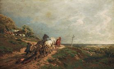 A horse cart in a wide landscape