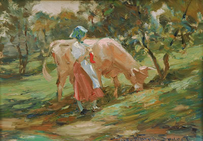 Young maidservant with cow on a meadow