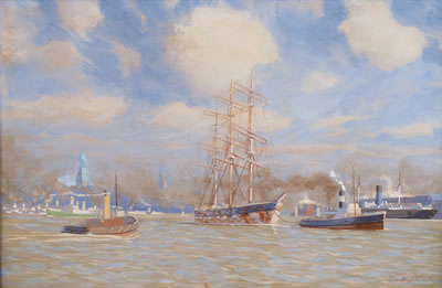 Pair of Gouaches: Fishing Cutter and Port of Hamburg by Georg Wolters - Auction record, sale price, and art valuation. Compare with similar artists and explore comparable artworks.