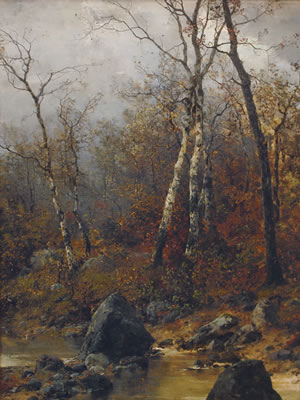 Autumnal Birch Trees on a Creek by Georg Oeder - Auction record, sale price, and art valuation. Compare with similar artists and explore comparable artworks.