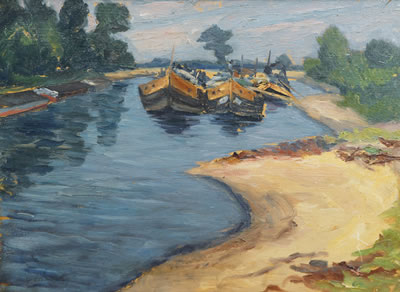 Pair of Paintings Ziegelsee and River with Barges
