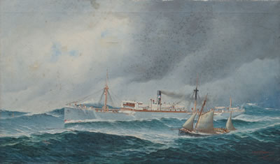 Portrait of the Steamship Helene Menzell with a Pilot Boat by John Mohrmann - Auction record, sale price, and art valuation. Compare with similar artists and explore comparable artworks.