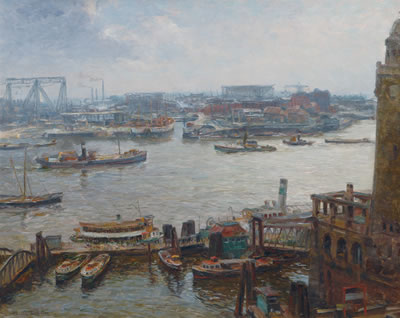 Port of Hamburg with Landungsbrücken by Louis Wohner - Auction record, sale price, and art valuation. Compare with similar artists and explore comparable artworks.