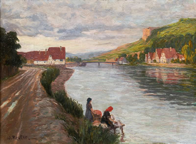 Idyllic River Landscape with Washerwomen by Wilhelm Reuter - Auction record, sale price, and art valuation. Compare with similar artists and explore comparable artworks.