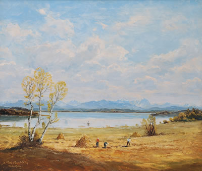 Haymaking at Lake Chiemsee by Josef Rolf Knobloch - Auction record, sale price, and art valuation. Compare with similar artists and explore comparable artworks.