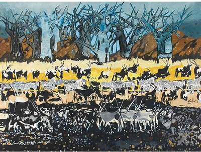 Gemsbok and Zebra in a Winter Landscape