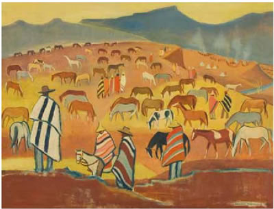 Blanketed Figures in a Basuto Landscape with Horses