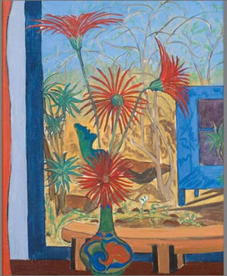 A Still Life of Gerberas in a Blue, Green and Red Vase, and a View Through a Window