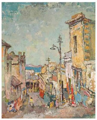A Steep Street with Lamp Post