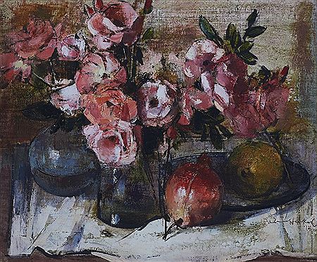Still Life with Pink Roses and Pomegranates