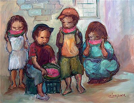 Watermelon Eaters by Amos Archibald Langdown - Auction record, sale price, and art valuation. Compare with similar artists and explore comparable artworks.