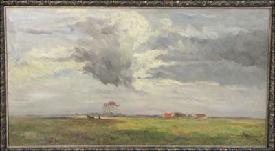 STORM CLOUDS OVER FARMSTEAD.