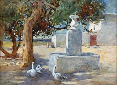 GEESE IN A COURTYARD