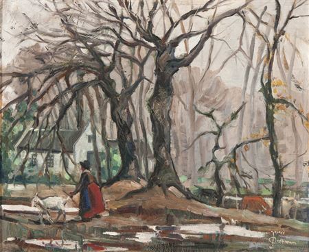 FARM WORKER OUTSIDE A COTTAGE