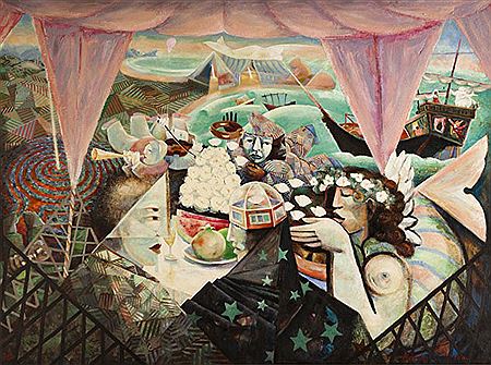 FIGURES IN AN IMAGINARY LANDSCAPE AROUND A TABLE