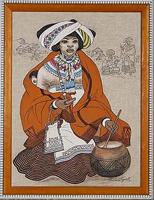 STUDY OF A PONDO WOMAN IN REGALIA STIRRING BEER, SMOKING A PIPE, SKETCHED HUT AND FIGURES