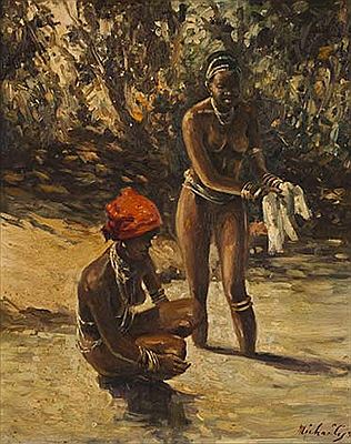 TWO AFRICAN FIGURES AT THE WATER`S EDGE