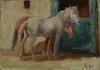 TWO HORSES OUTSIDE A STABLE