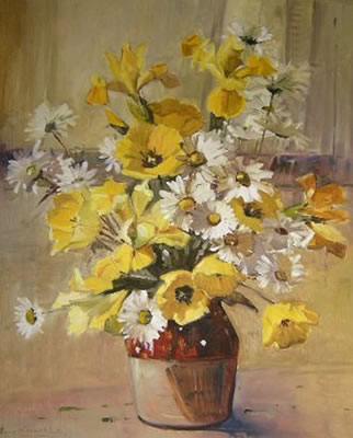 IRISES, POPPIES AND DAISIES IN AN EARTHENWARE VASE