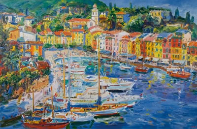 BAY SCENE WITH MOORED BOATS