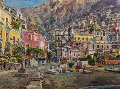 SCENE OF A TOWN AT THE FOOT OF A MOUNTAIN