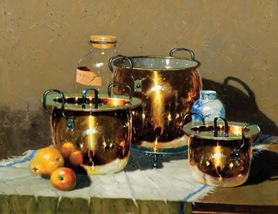 STILL LIFE WITH COPPER POTS, FRUIT AND OTHER VESSELS
