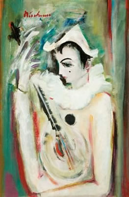 HARLEQUIN IN WHITE PLAYING A MANDOLIN