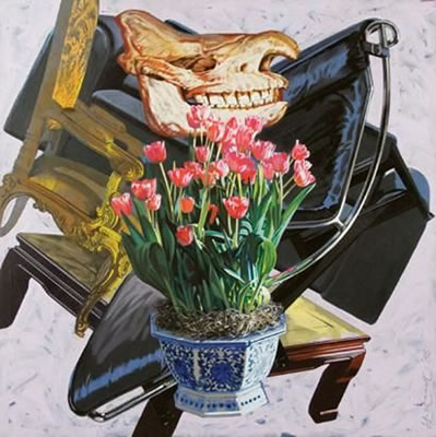 INTERIOR WITH TULIPS AND RHINO SKULL