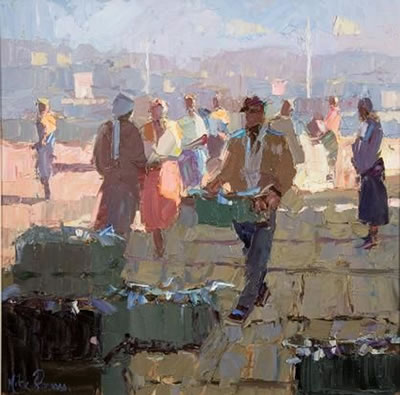 EARLY MORNING DOCK SCENE WITH FISHERMEN