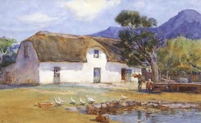 DUCKS IN FRONT OF A COTTAGE