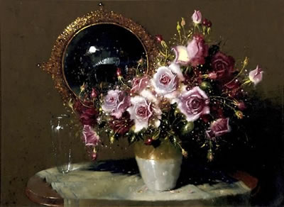 STILL LIFE WITH PINK ROSES AND A MIRROR