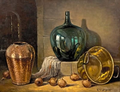 STILL LIFE WITH ONIONS AND ASSORTED VASES